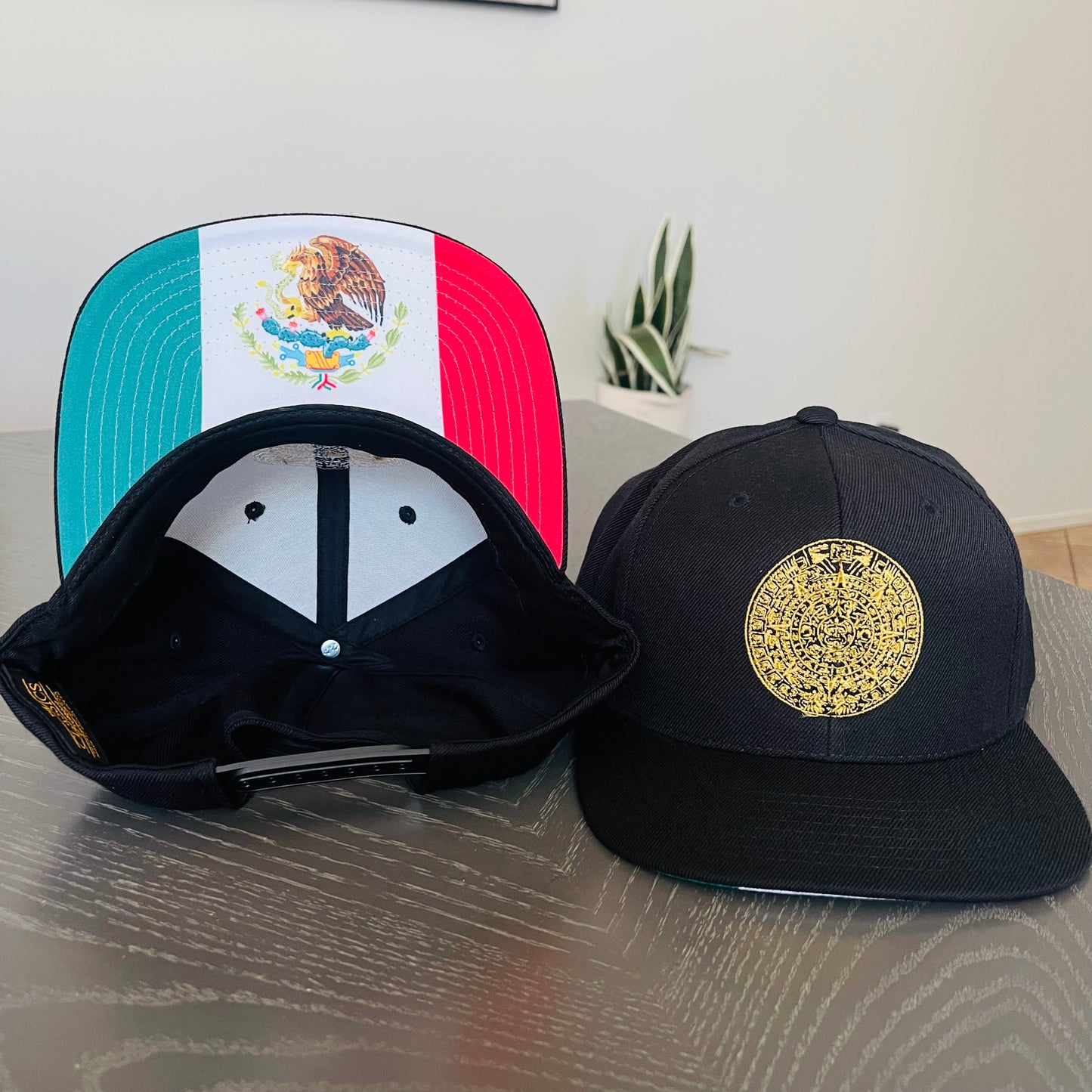 Aztec Calendar Flat Brim hat with the Mexican Flag Under the Visor, Classic YP snap back hat with Aztec Calendar embroidered