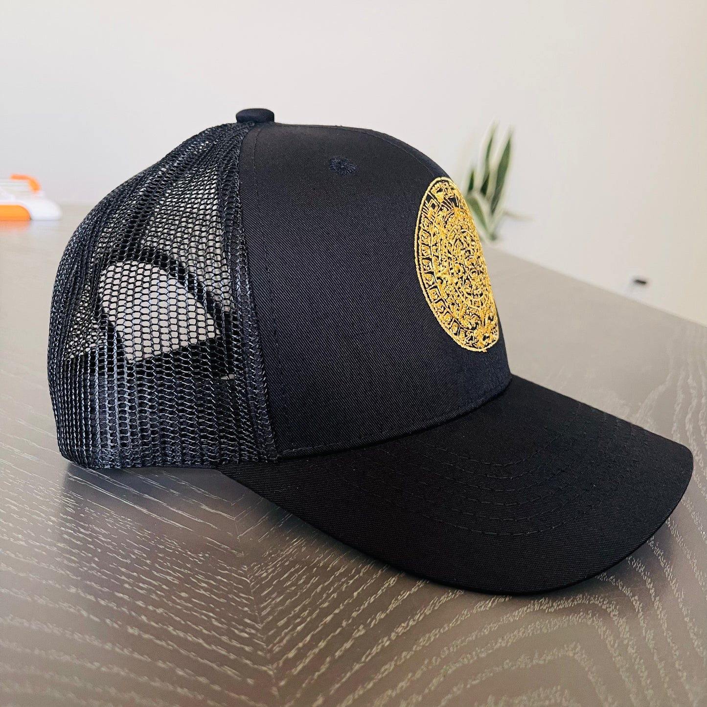 Aztec Calendar Flat Brim hat with the Mexican Flag Under the Visor, Classic YP snap back hat with Aztec Calendar embroidered