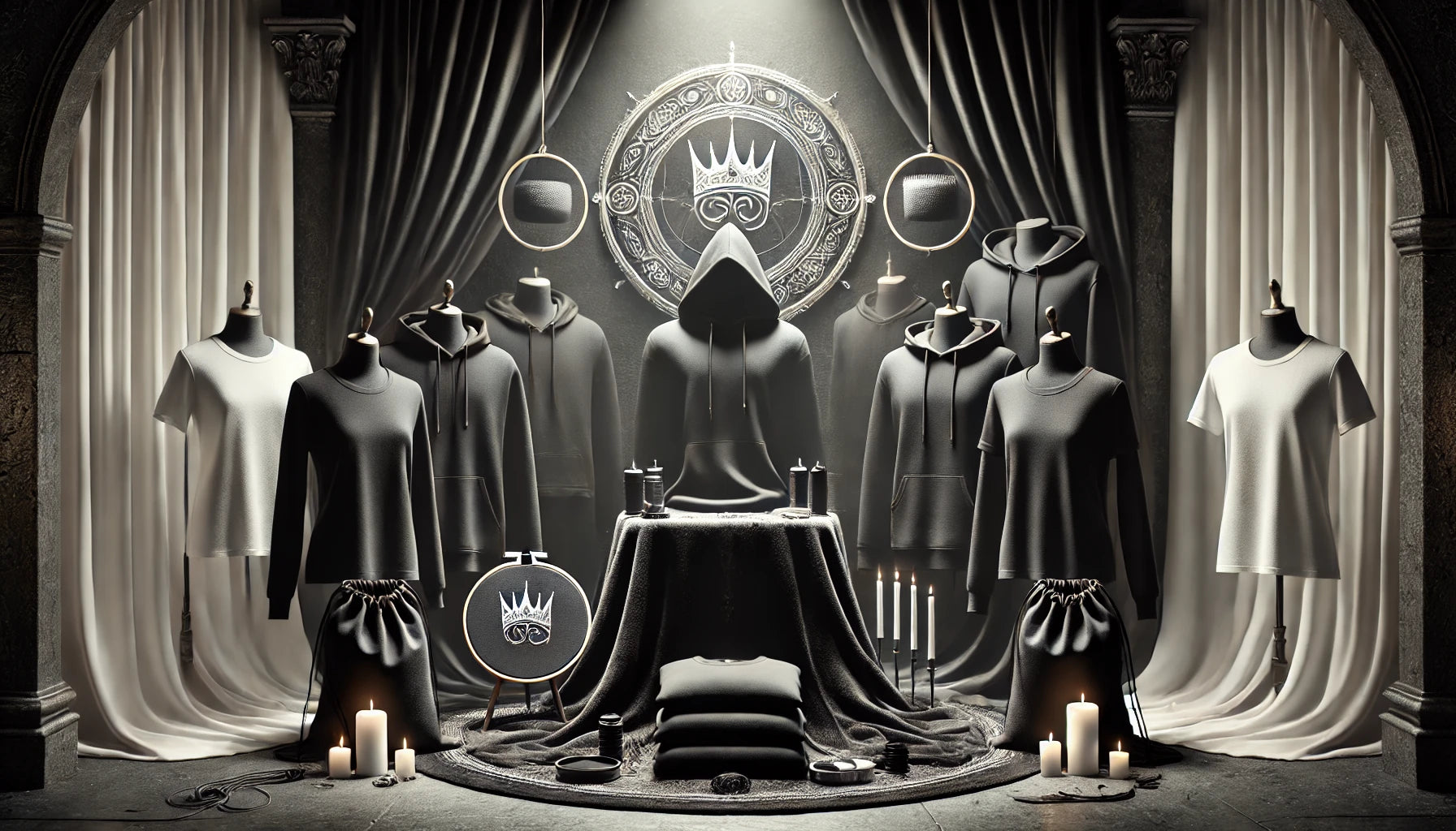 Mystical scene with hooded figures and candles in a dark, ornate setting