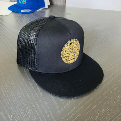 Aztec Calendar Flat Brim hat with the Mexican Flag Under the Visor, Classic YP snap back hat with Aztec Calendar embroidered