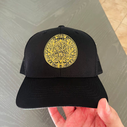 Aztec Calendar Flat Brim hat with the Mexican Flag Under the Visor, Classic YP snap back hat with Aztec Calendar embroidered