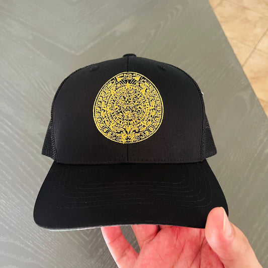 Aztec Calendar Flat Brim hat with the Mexican Flag Under the Visor, Classic YP snap back hat with Aztec Calendar embroidered
