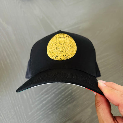 Aztec Calendar Flat Brim hat with the Mexican Flag Under the Visor, Classic YP snap back hat with Aztec Calendar embroidered