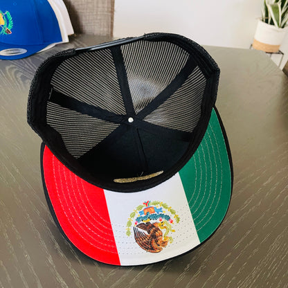 Aztec Calendar Flat Brim hat with the Mexican Flag Under the Visor, Classic YP snap back hat with Aztec Calendar embroidered